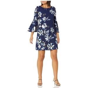 NWT Eliza J Womens Bell Sleeve Shirt Dress Navy Floral Print Size 6